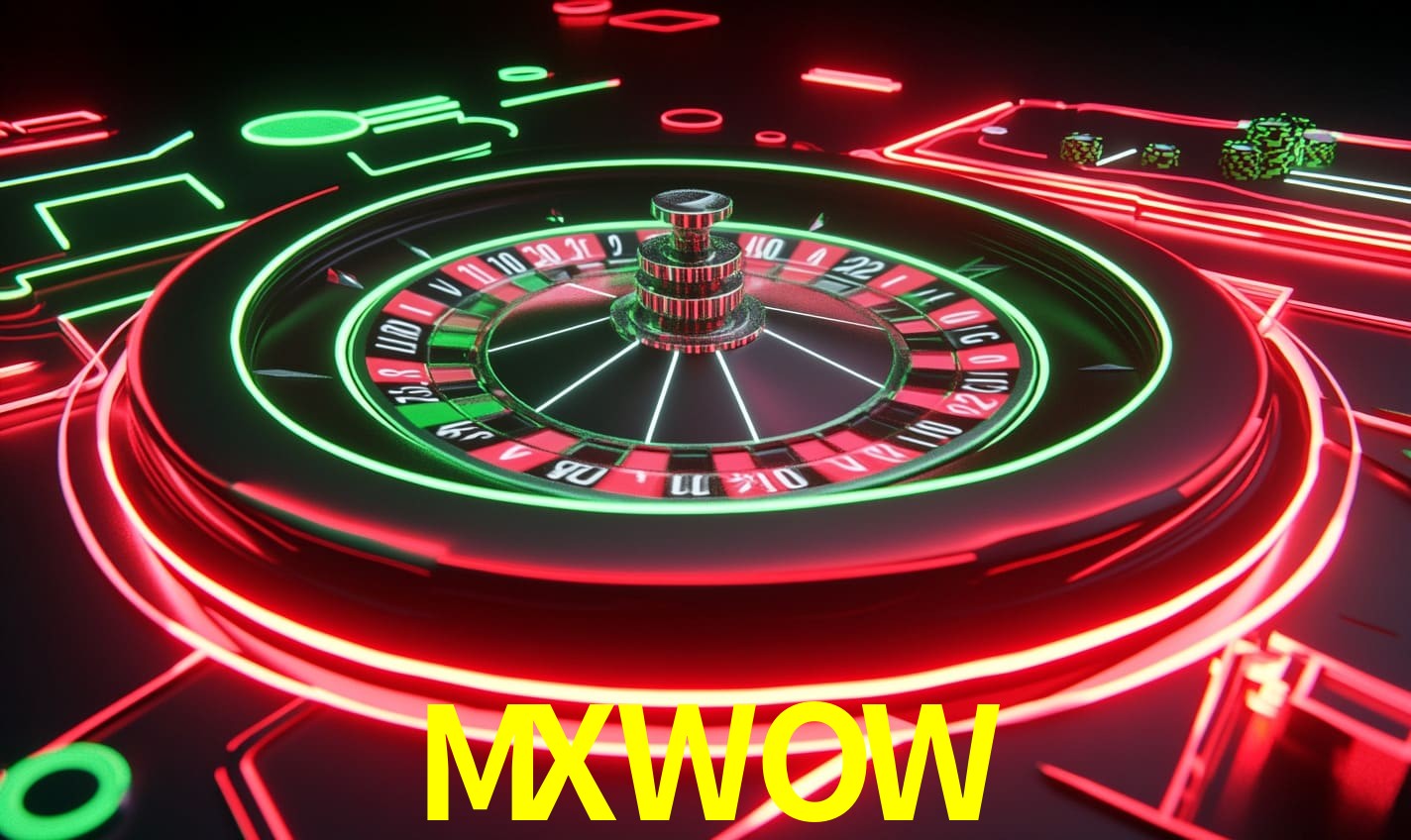 Escena dinámica inspirada en casino con iluminación MXWOW, cartas, fichas e íconos de juegos digitales en un espacio moderno de juegos.