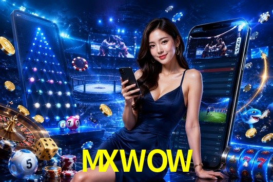Una escena digital vívida inspirada en casino con MXWOW mostrado prominentemente, luces brillantes, fichas, cartas y acentos dorados.
