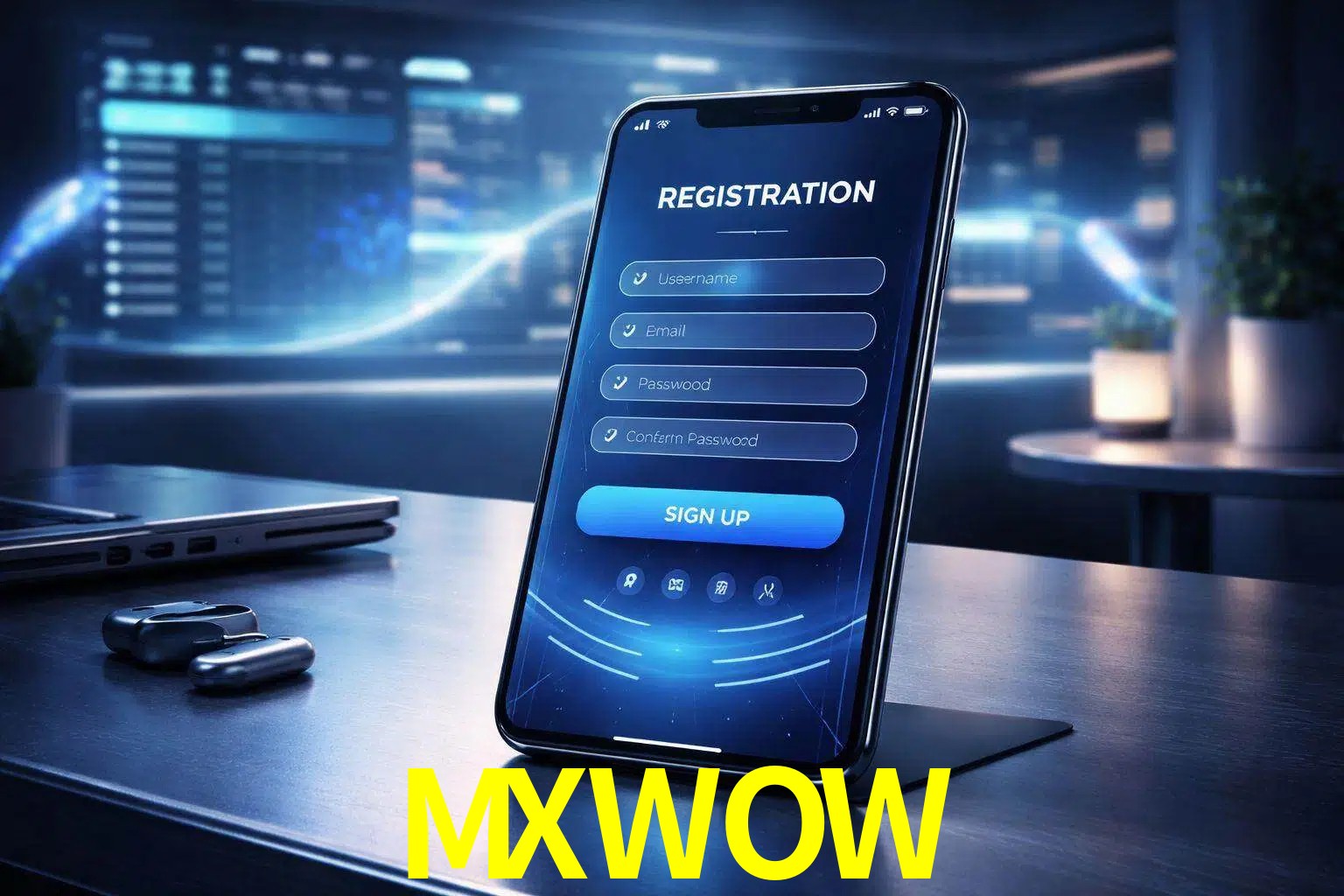 Una interfaz moderna de registro móvil para MXWOW mostrada en un smartphone con un panel de apuestas elegante.